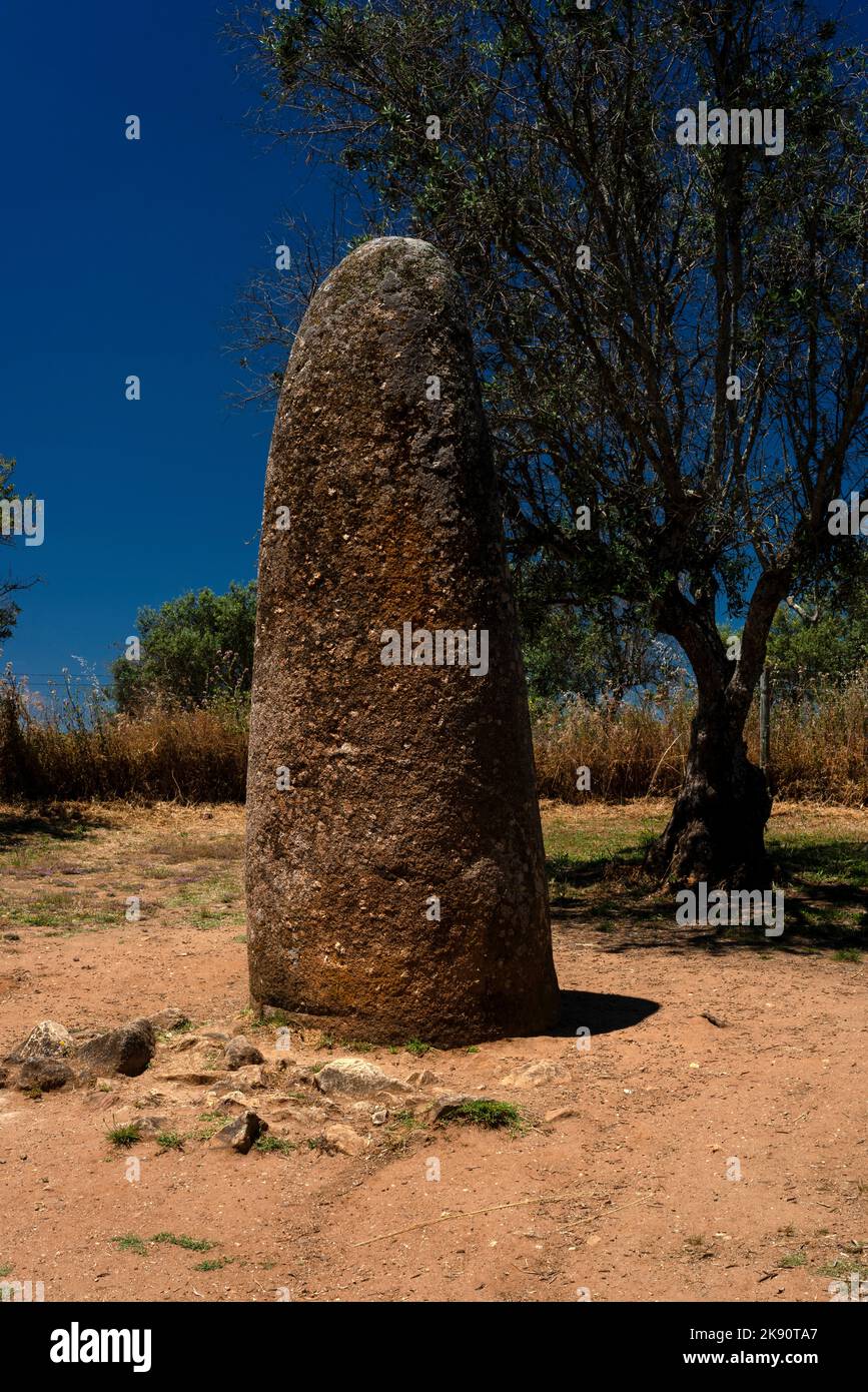 Dieser isolierte stehende Stein, der Almendres Menhir, ist etwa 4 Meter (13 ft) hoch. Sie wies auf den Sonnenaufgang der Sommersonnenwende hin, als sie von den Megalith-Ringen des etwa 1,4 km entfernten Almendres Cromlech aus gesehen wurde. Der Cromlech wurde vor etwa 7.000 Jahren in der Nähe der heutigen Stadt Évora, Alentejo Central, Portugal, gegründet. Stockfoto