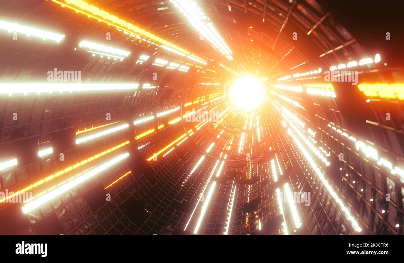 Sci-Fi-Tunnel aus Metall mit Lichtstreifen. 3D Rendern. Stockfoto