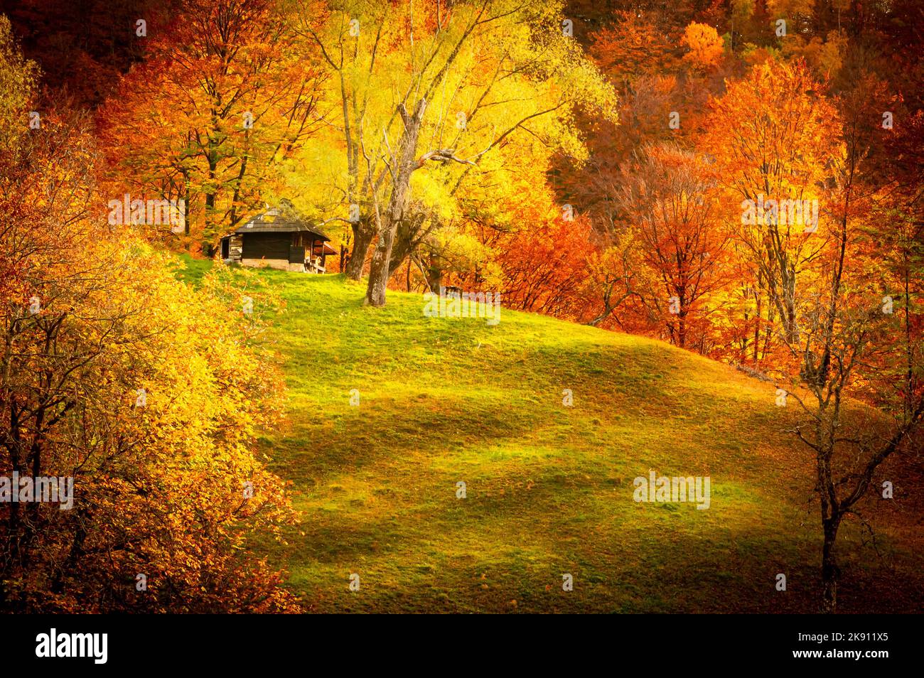 Herbst im Buila Vanturarita Nationalpark, Karpaten, Rumänien. Patrunsa Einsiedelei umgeben von lebendigen Herbstfarben des Waldes. Stockfoto