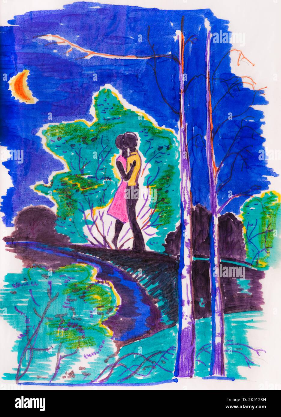 Ein Paar küsst sich unter dem Mond. Eine handgezeichnete wurde mit Filzstiften hergestellt. Stockfoto