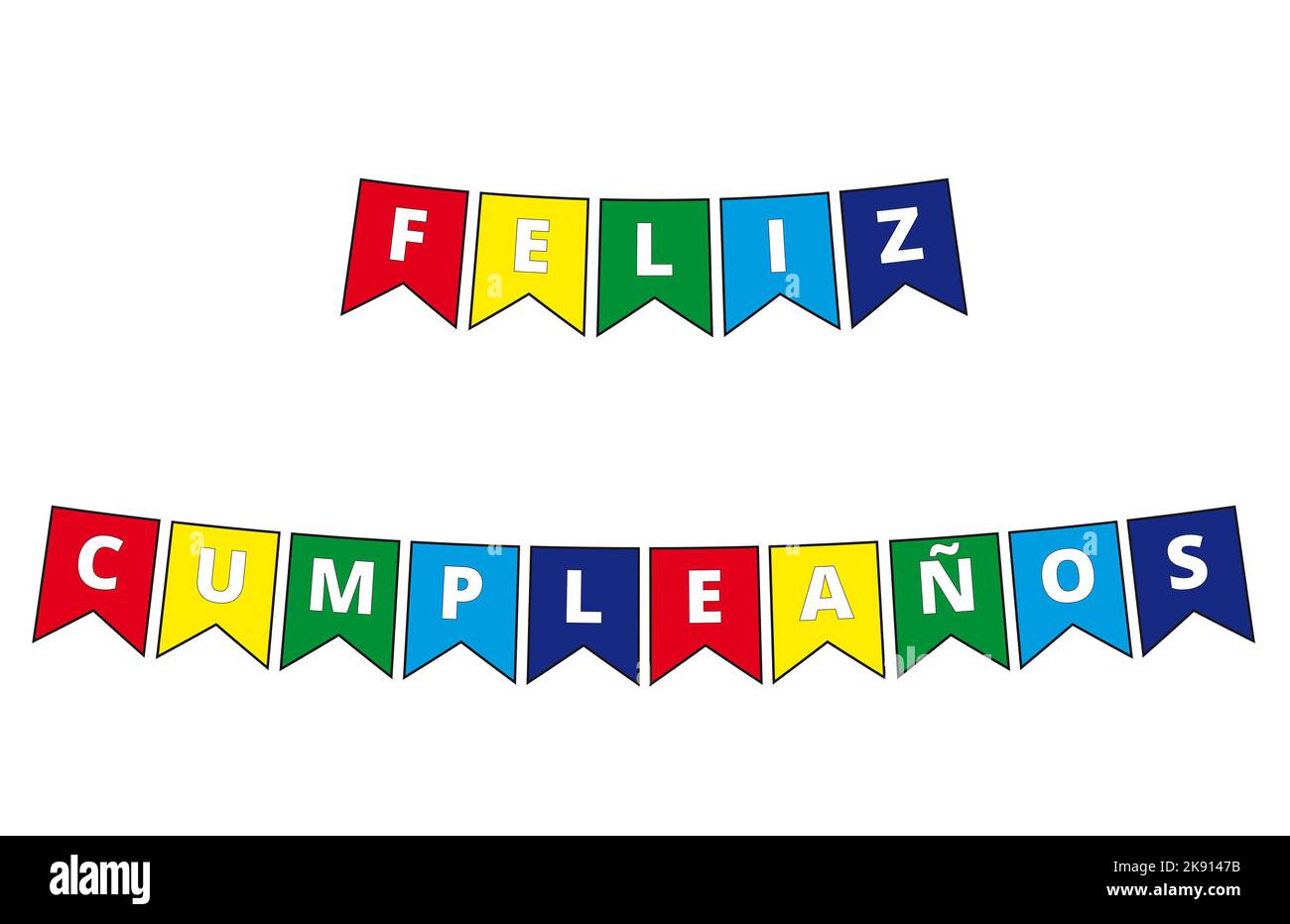 Mehrfarbige Federante feliz cumpleaños Banner auf weißem Hintergrund (trad:Happy Birthday) Stockfoto