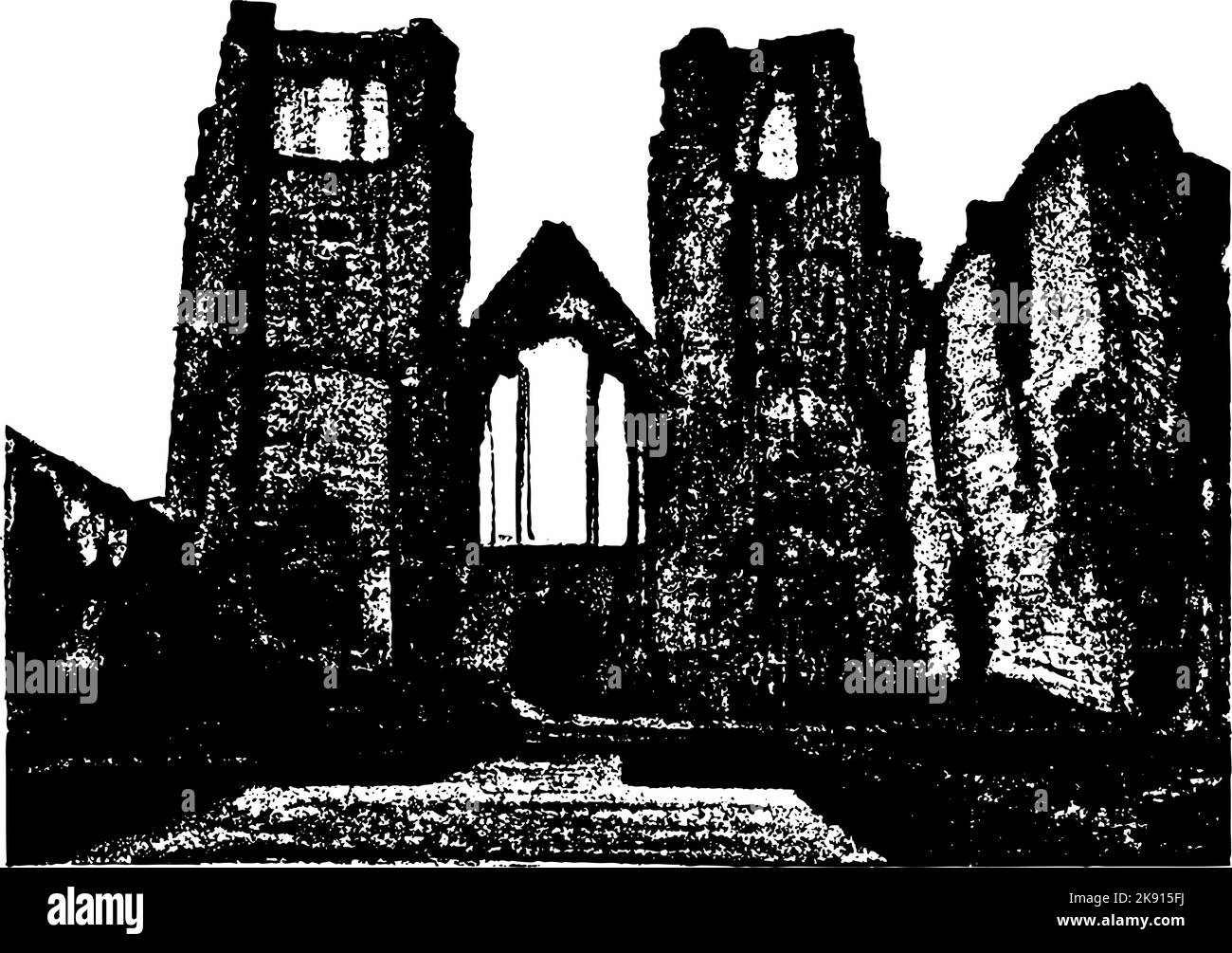 Alte Ruinen von der alten Kirche mit Türmen und Eingang. Kontrastreiche Schwarz-Weiß-Darstellung. Stock Vektor
