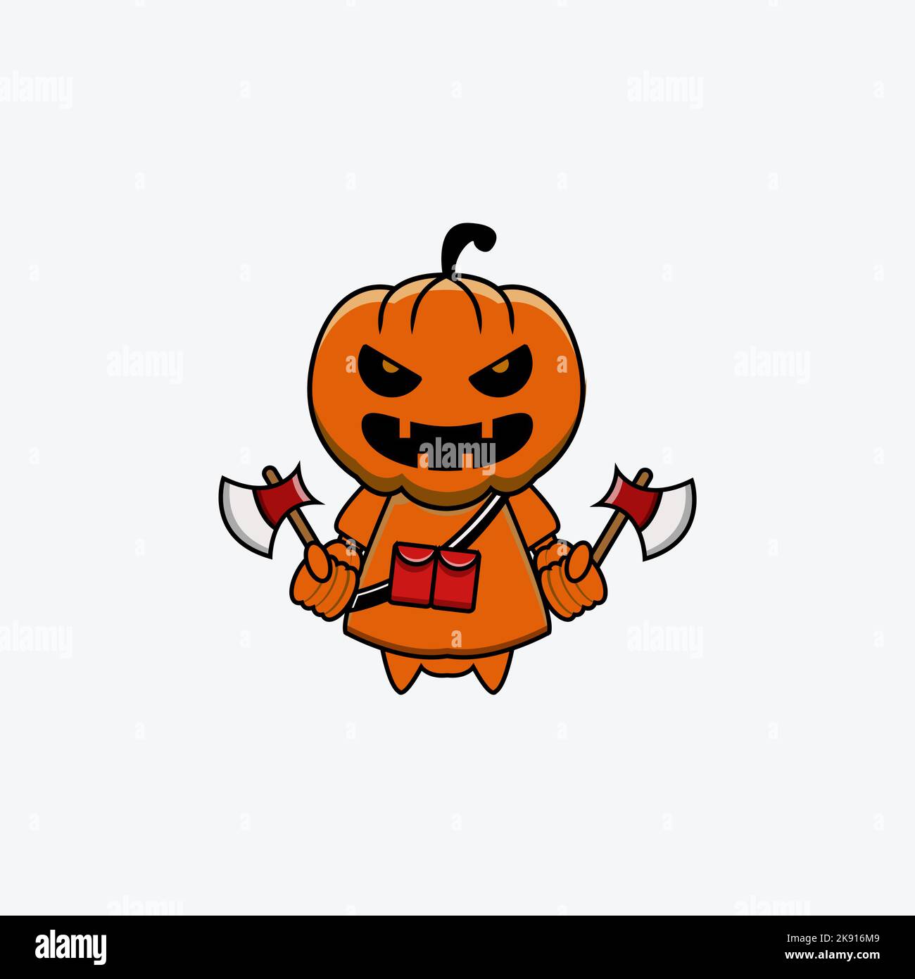 Ein wütender Halloween-Kürbis, der zwei Äxte vor weißem Hintergrund hält Stock Vektor