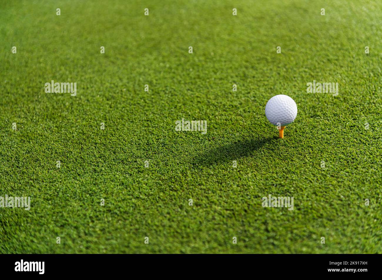 Minimalistischer, üppig grüner Goldgras-Golfplatz mit kleiner weißer Kugel auf dem Abschlag vor dem Abschlag Stockfoto