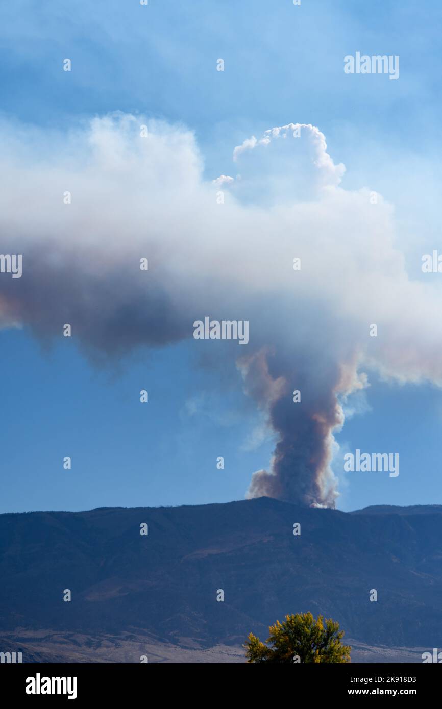 Eine Rauchwolke aus einem Waldbrand im Fish Lake National Forest in den Bergen in der Nähe von Richfield, Utah. Stockfoto