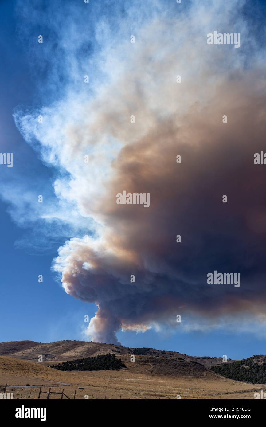 Eine Rauchwolke aus einem Waldbrand im Fish Lake National Forest in den Bergen in der Nähe von Richfield, Utah. Stockfoto