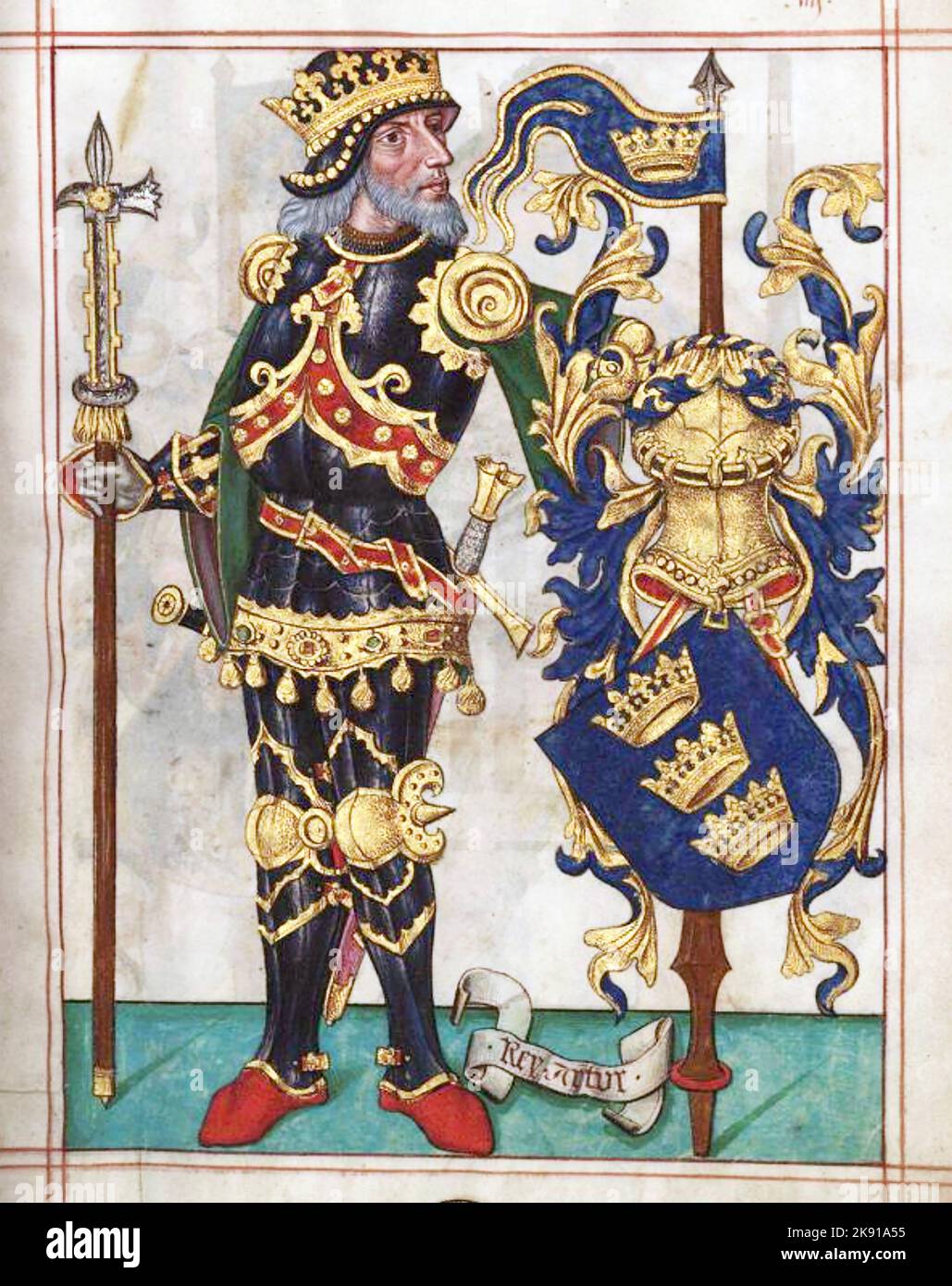 KÖNIG ARTHUR, wie im portugiesischen Buch der heraldischen Würdenträger Livro do Armero-Mor aus dem Jahr 1509 dargestellt Stockfoto