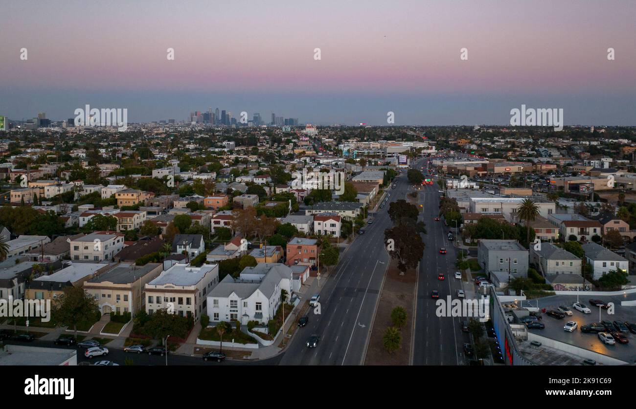 Blick auf den heißen Sonnenuntergang von Los Angeles mit Palmen und der Innenstadt im Hintergrund. Stockfoto