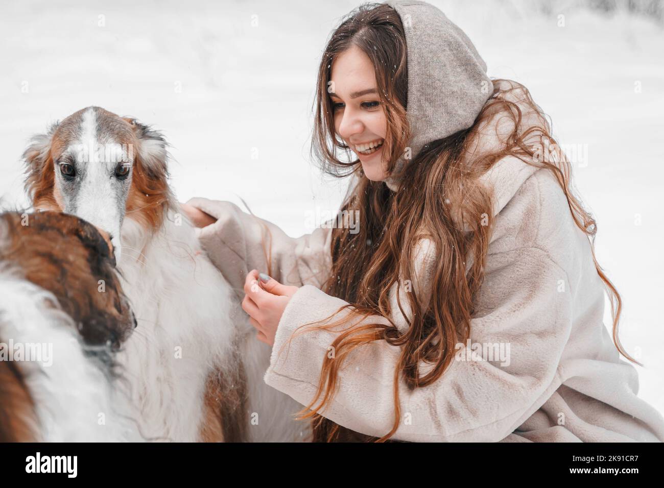 Junge schöne Mädchen in verschneiten kalten Winter Frost Wald zu Fuß mit Haustier, Hund der Jagd Rasse russischen Barsoi. Windhund, Wolfhound-Besitzer. Spaß haben, Stockfoto