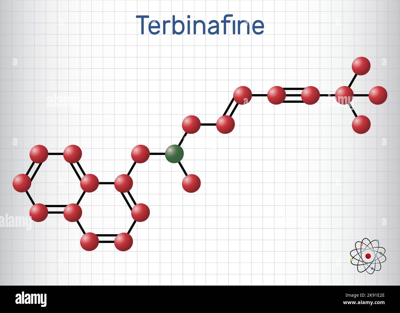 Terbinafin-Molekül. Blatt Papier in einem Käfig. Strukturelle chemische Formel, Molekülmodell Stock Vektor