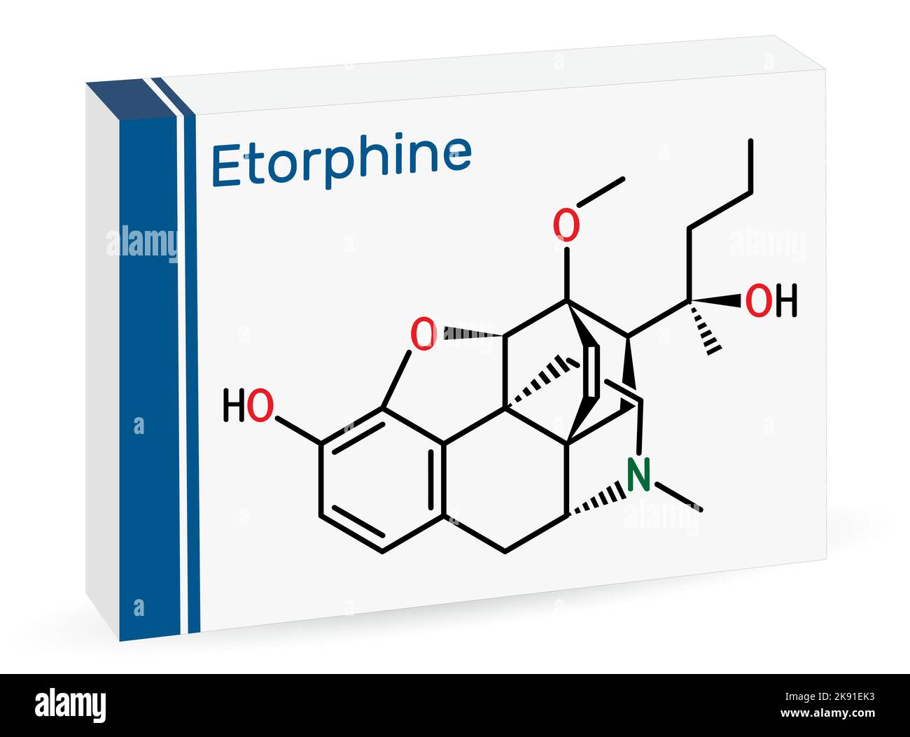 Etorphin, M99 Molekül. Chemische Formel des Skeletts. Papierverpackungen für Medikamente Stock Vektor