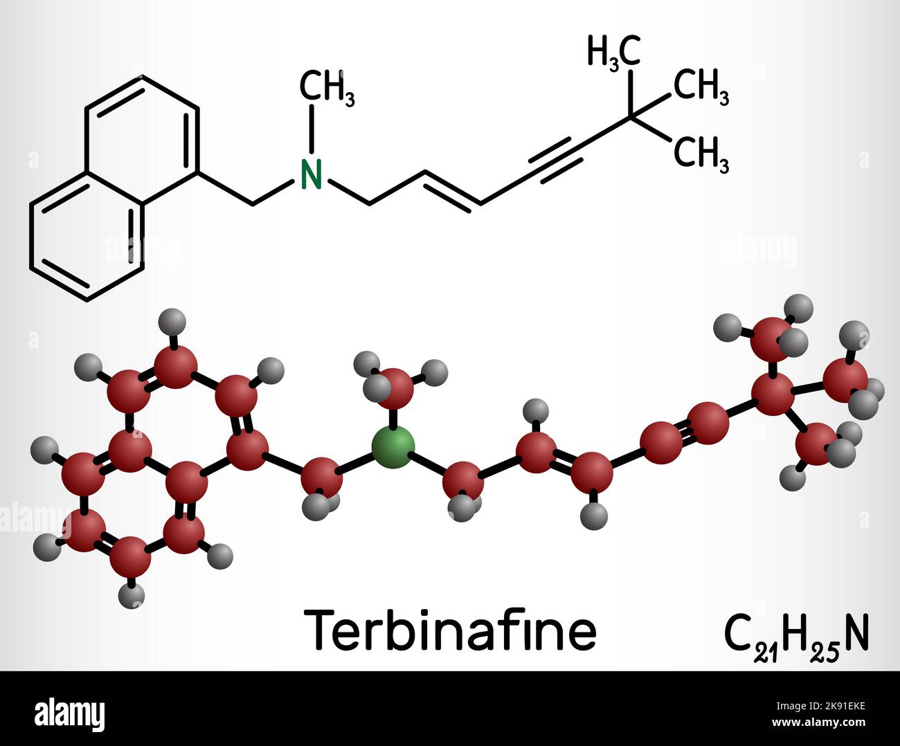 Terbinafin-Molekül. Strukturelle chemische Formel, Molekülmodell. Stock Vektor