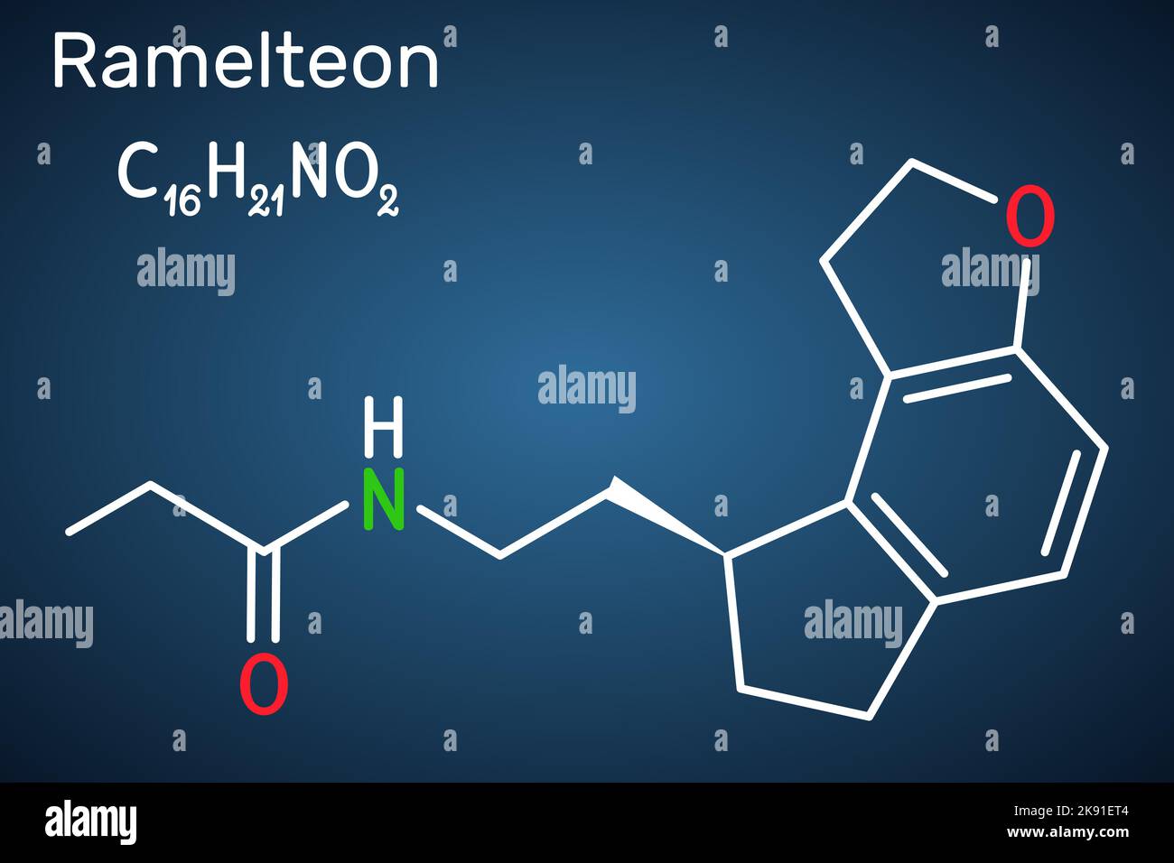 Ramelteon-Molekül. Strukturelle chemische Formel auf dem dunkelblauen Hintergrund Stock Vektor