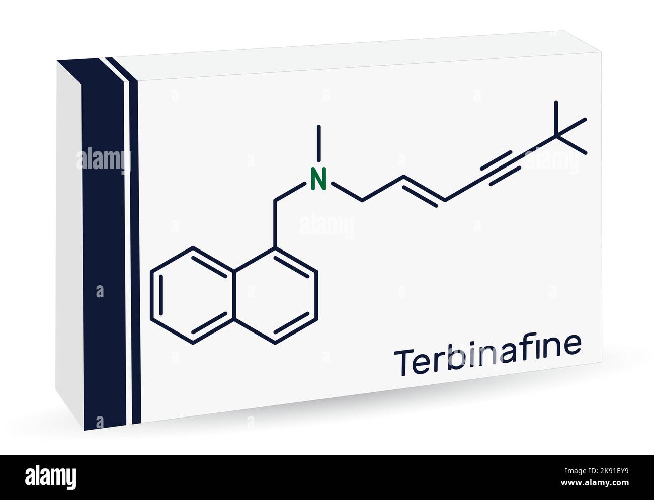 Terbinafin-Molekül. Chemische Formel des Skeletts. Papierverpackungen für Medikamente. Stock Vektor