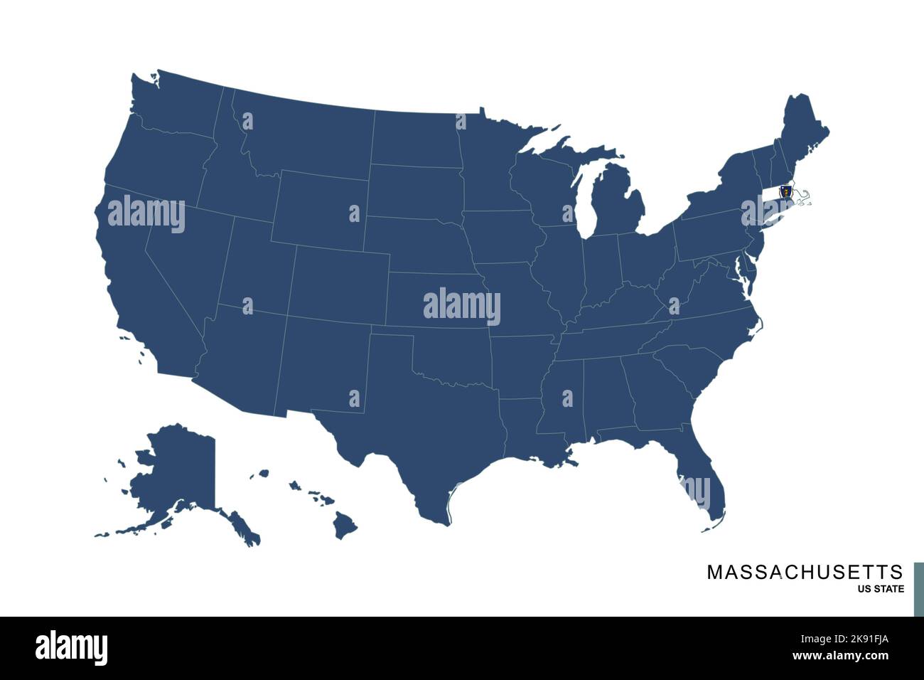 Bundesstaat Massachusetts auf der blauen Karte der Vereinigten Staaten von Amerika. Flagge und Karte von Massachusetts. Vektorgrafik. Stock Vektor