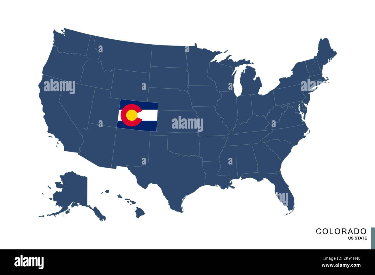 Bundesstaat Colorado auf der blauen Karte der Vereinigten Staaten von Amerika. Flagge und Karte von Colorado. Vektorgrafik. Stock Vektor
