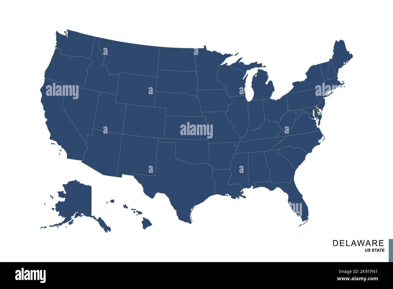 Staat Delaware auf blauer Karte der Vereinigten Staaten von Amerika. Flagge und Karte von Delaware. Vektorgrafik. Stock Vektor