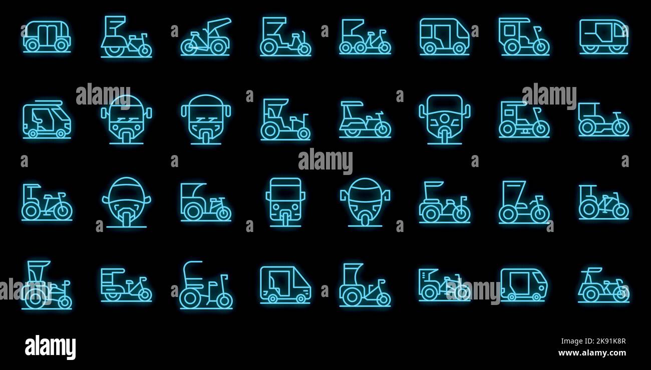 Trishaw-Symbole setzen den Umrissvektor. Fahrrad für Pediküre. Bike indian Neon Farbe auf schwarz Stock Vektor
