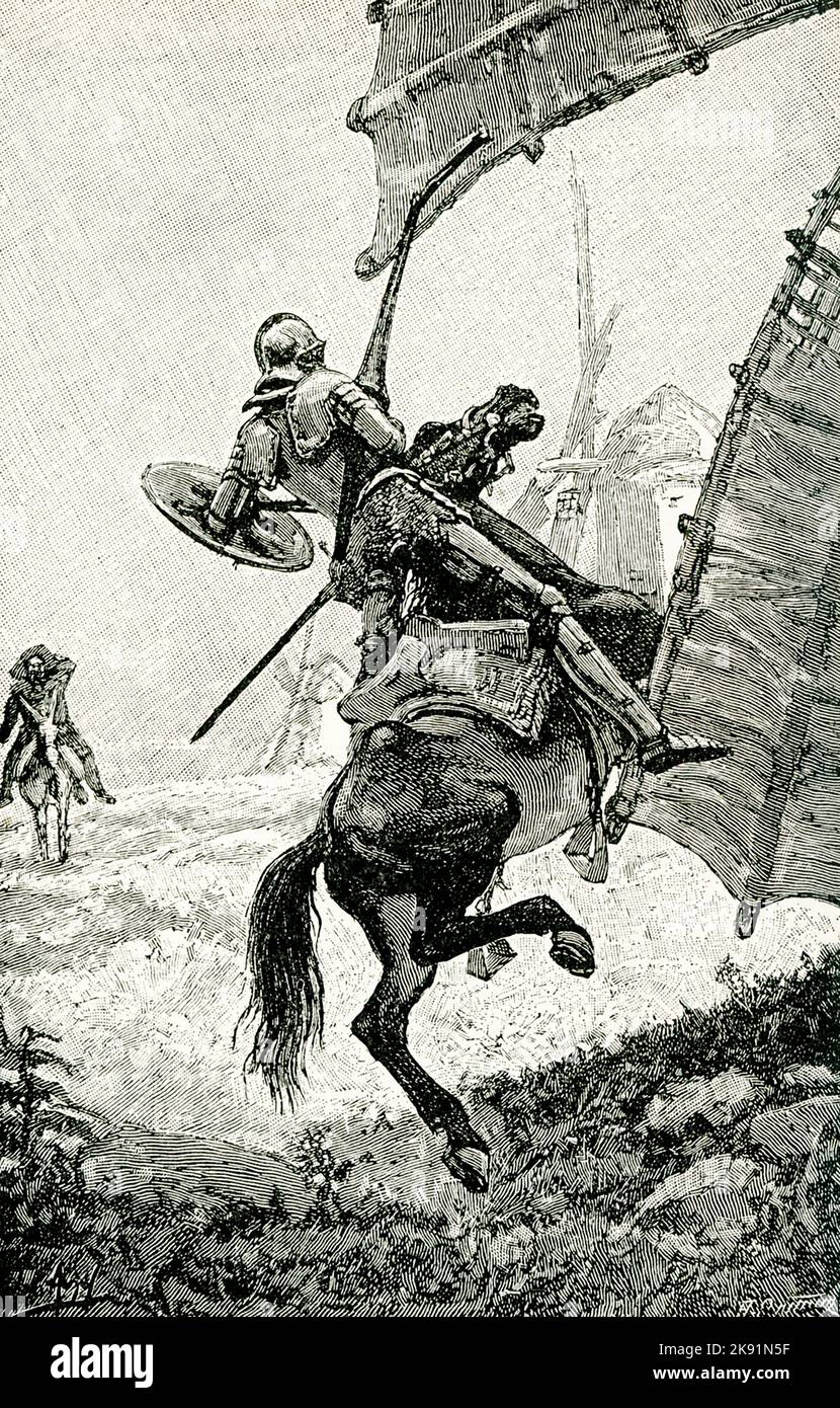 In der Überschrift von 1914 heißt es: „Don Quixote – der Windmühle einen Schuss in die Klinge gegeben mit solcher Wut, dass der Speer zerschmettert wurde und ihn und das Pferd mitgenommen hat…“ Eine der berühmtesten Geschichten in diesem Buch ist Don Quixotes Kampf mit Windmühlen. Er sieht einige Windmühlen und denkt, sie seien Riesen. Als er reitet, um mit ihnen zu kämpfen, wird er von seinem Pferd abgeschlagen. Sancho sagt ihm, dass es sich nur um Windmühlen handelt, aber Don Quixote glaubt ihm nicht. Don Quixote ist ein Mann mittleren Alters aus der Region La Mancha in Zentralspanien, der von den ritterlichen Idealen besessen ist, die in Büchern, die er gelesen hat, gepriesen werden. Nach einem Stockfoto