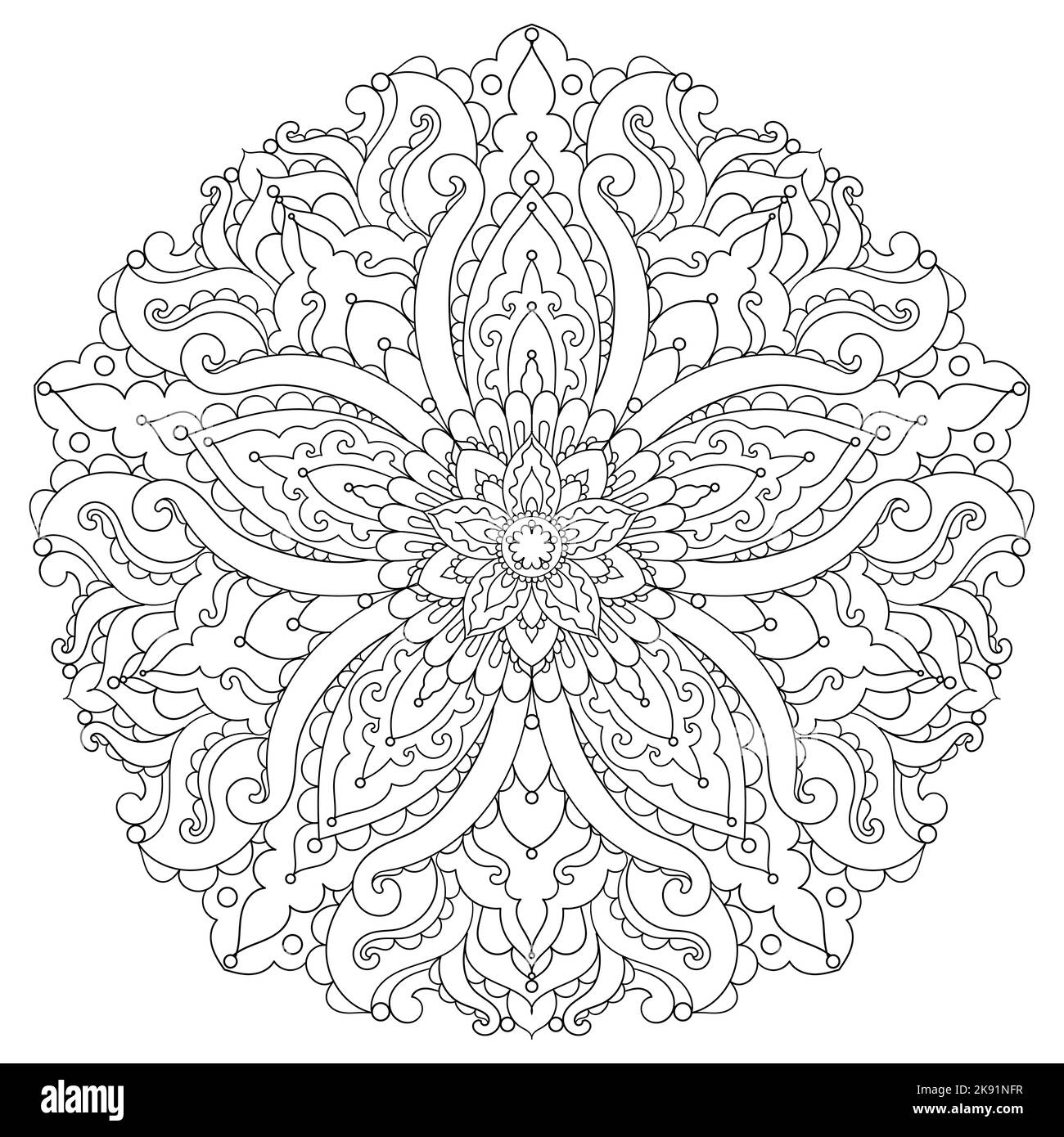Blumenmandala. Schwarz-weiße lineare Zeichnung. Für die Gestaltung von Malbüchern, Henna-Tattoo, Plakaten für Yoga, Meditation und so weiter. Vektor Stock Vektor