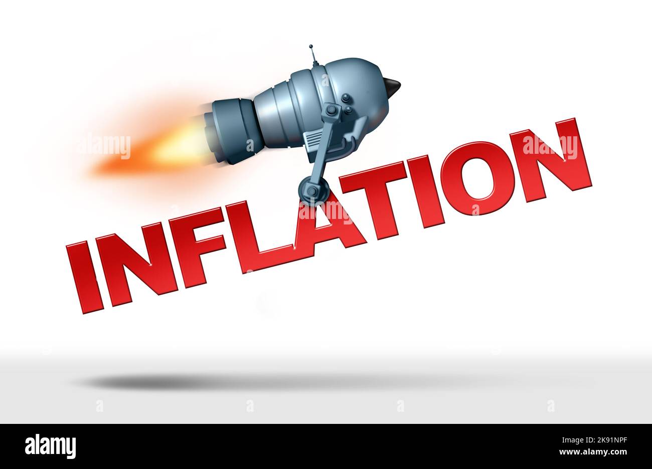 Steigende Inflation als Anstieg der Lebensmittelkosten und Lebensmittelpreise steigende Energie- und Kraftstoffkosten als inflationäres Konzept der Finanzkrise als Rakete. Stockfoto