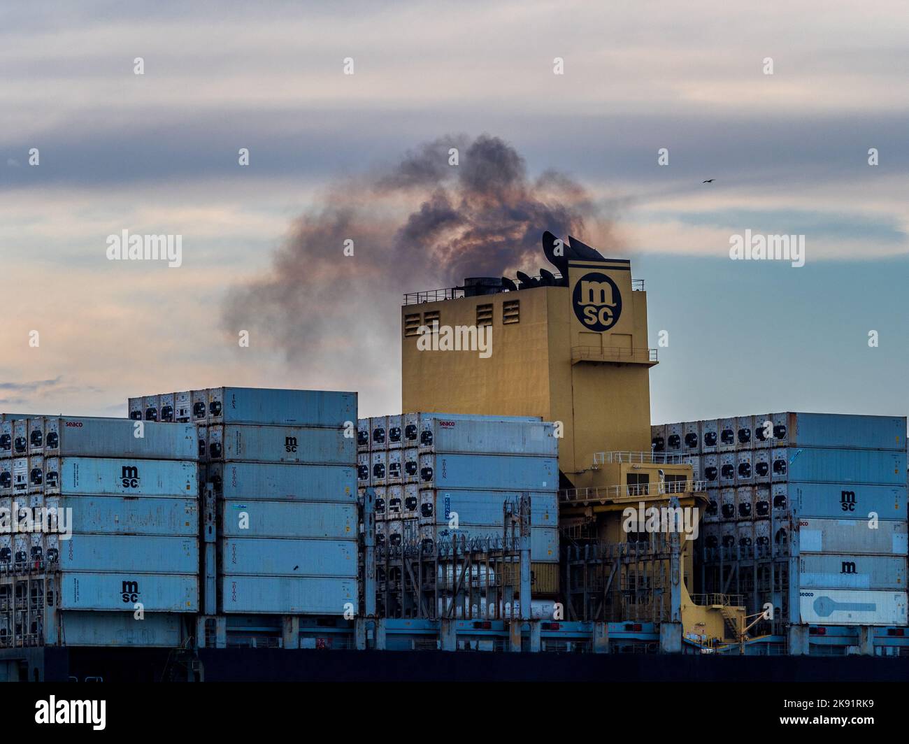 Abgasemissionen von Schiffen - Schiffstrichterrauch - Schiffstrichterabgase - Verschmutzung durch Schiffe - Motorrauch von einem MSC-Containerschiff Stockfoto