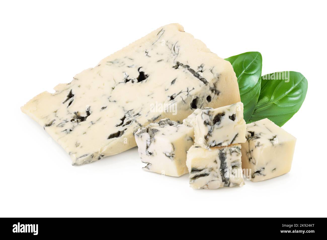 Blue Cheese Gorgonzola isoliert auf weißem Hintergrund mit voller Schärfentiefe. Stockfoto