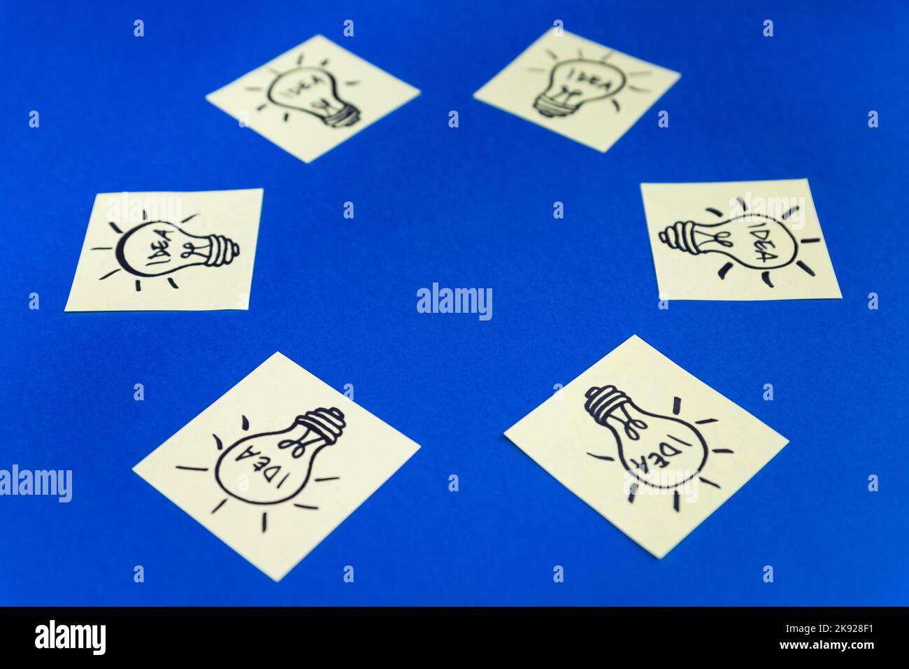 Glühbirnen, die auf Haftnotizen in einem Kreis mit leerem Platz für Text oder Logo gezeichnet sind. Handgezeichneter Doodle lineart. Ideen, Inspiration und kreative Stockfoto