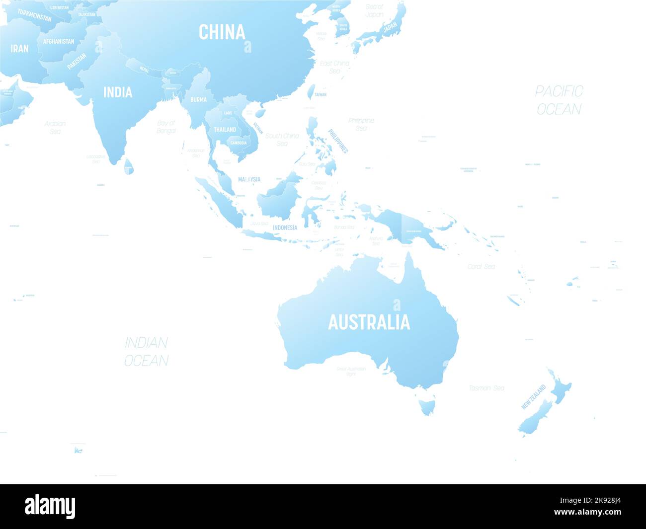 Australien und Südostasien Detaillierte politische Karte mit Ablables Stock Vektor