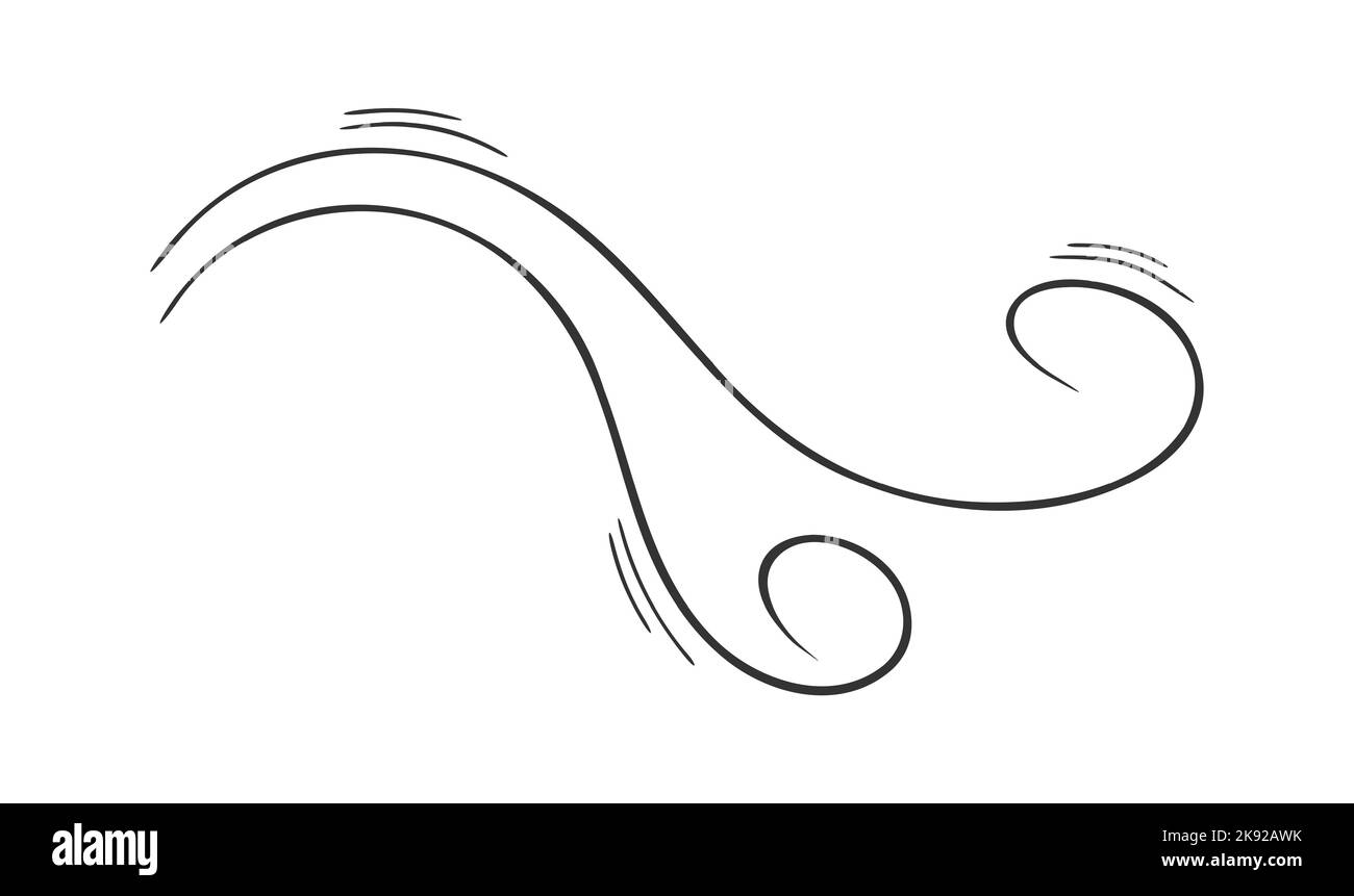 Symbol für geschwungene Strudel im Doodle-Stil. Von Hand gezogener Luftstrom oder Windstoß. Böe, Rauch, Staub auf weißem Hintergrund isoliert. Vektordarstellung Stock Vektor