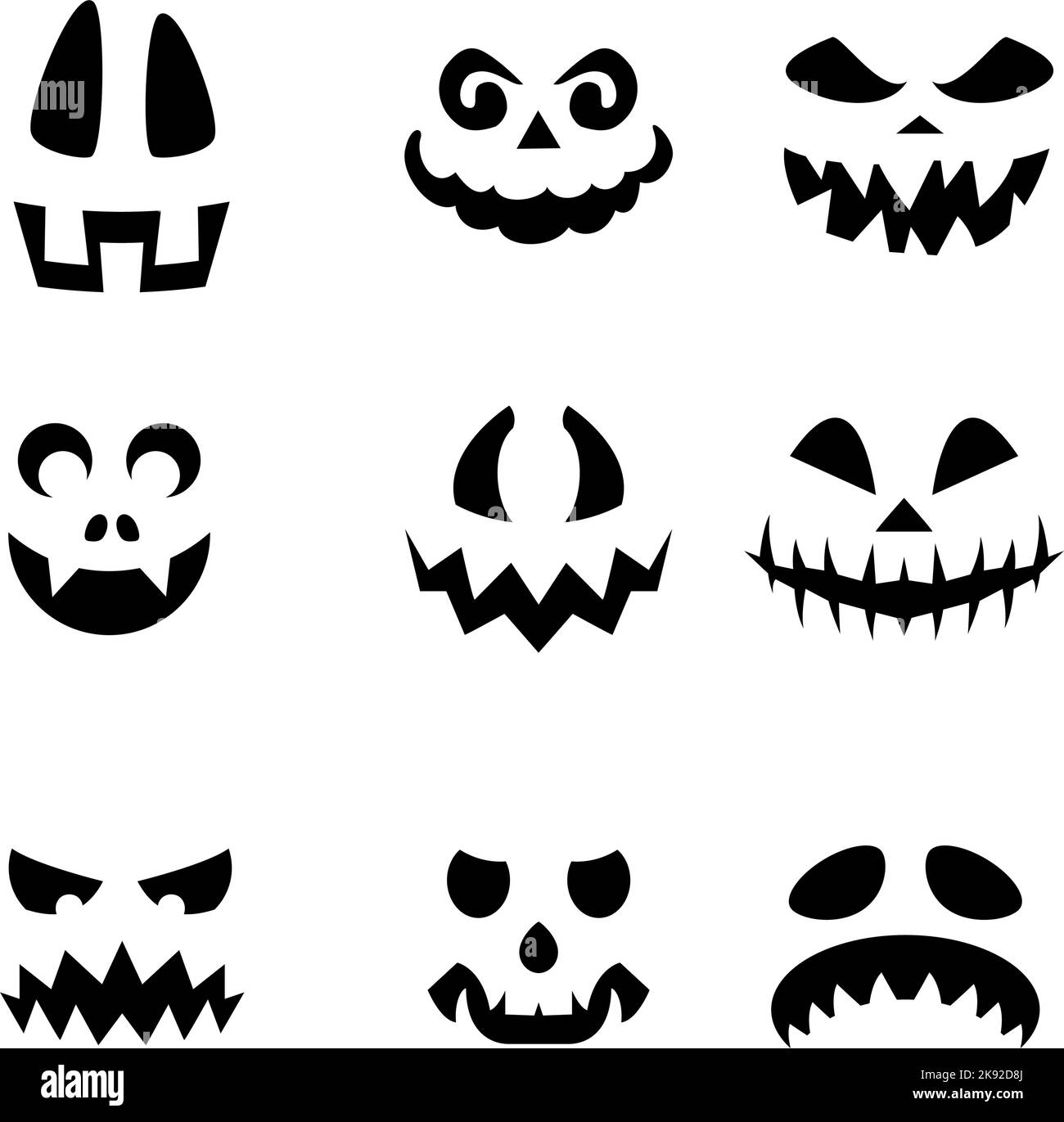 Sammlung von Halloween Kürbisse flache Gesichter Silhouetten. Monochrome Symbole auf weißem Hintergrund eingestellt. Schablone mit verschiedenen Augen, Zähnen und Nasen für C Stock Vektor