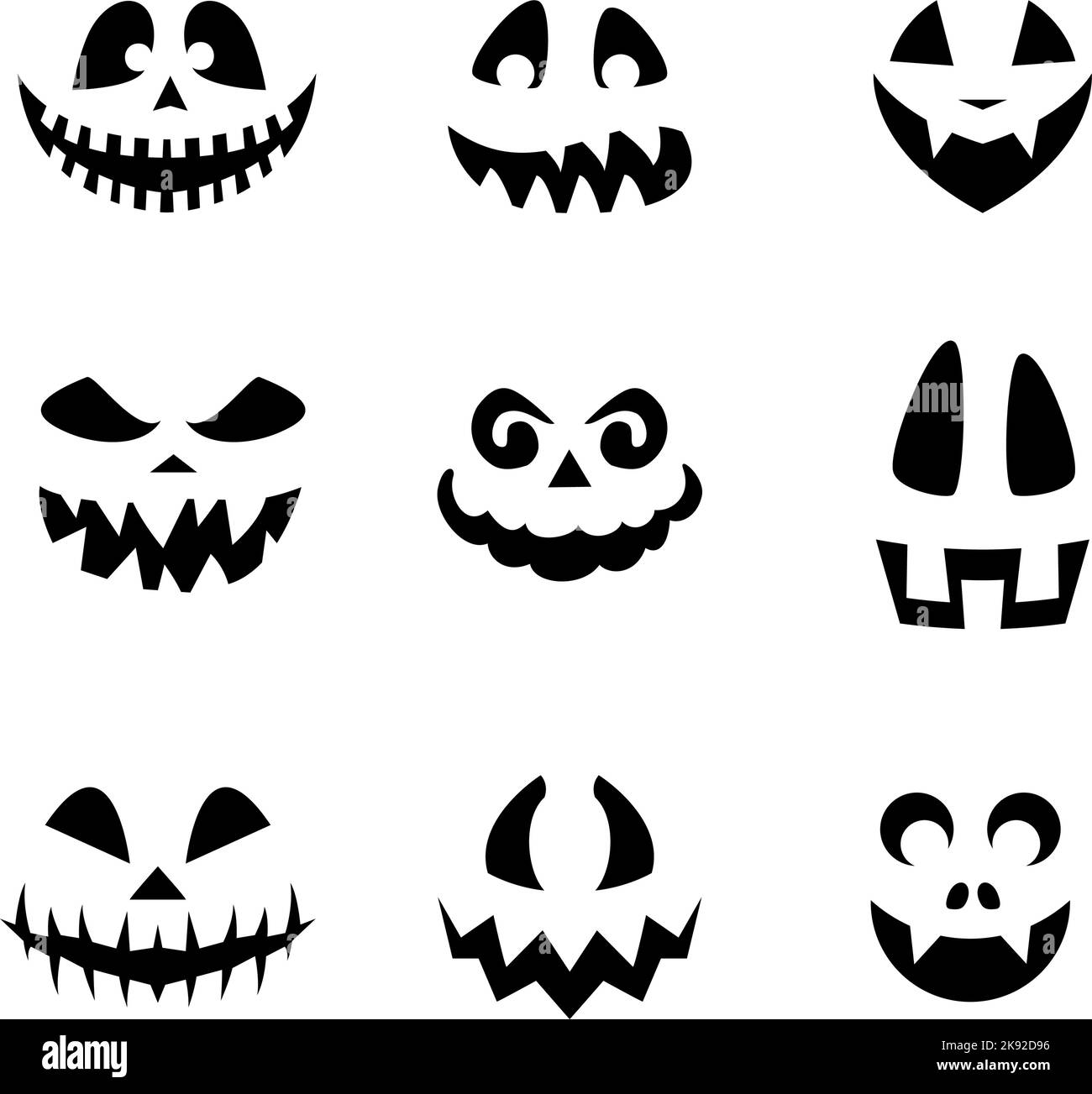 Sammlung von Halloween Kürbisse flache Gesichter Silhouetten. Monochrome Symbole auf Weiß eingestellt. Schablone mit verschiedenen Augen, Zähnen und Nasen für ausgeschnittene Ja Stock Vektor