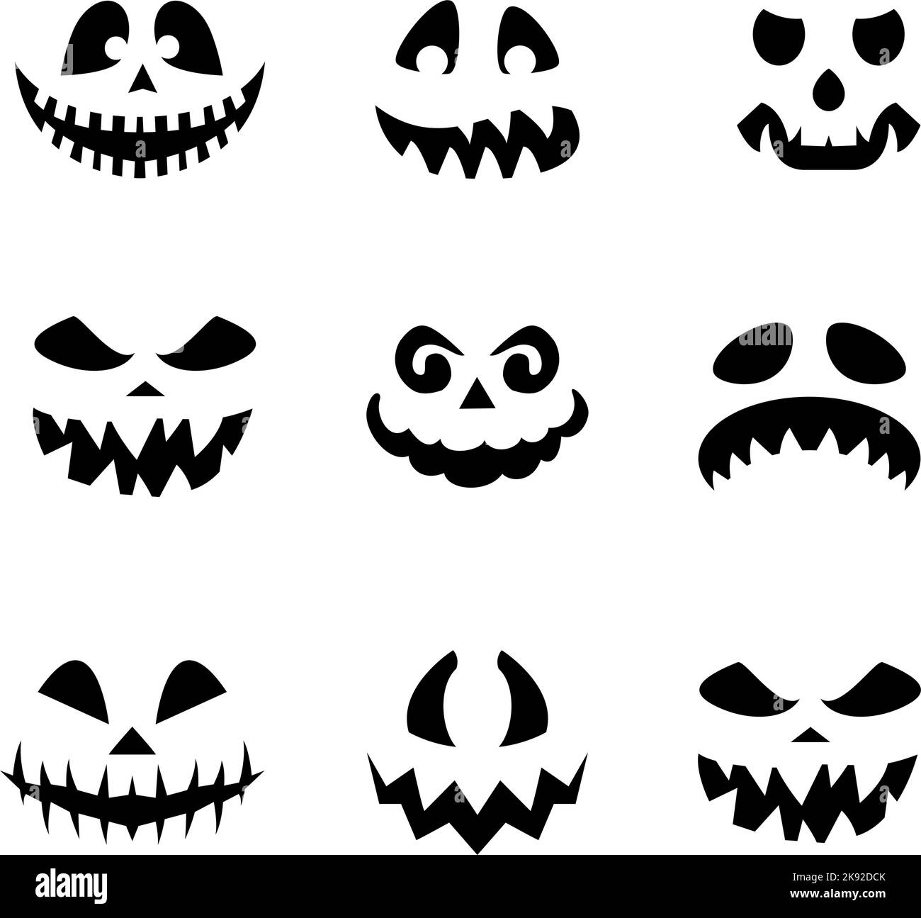 Sammlung von Halloween Kürbisse flache Gesichter Silhouetten. Monochrome Symbole auf weißem Hintergrund eingestellt. Schablone mit einer Vielzahl von Augen, Zähnen und Nasen für Stock Vektor