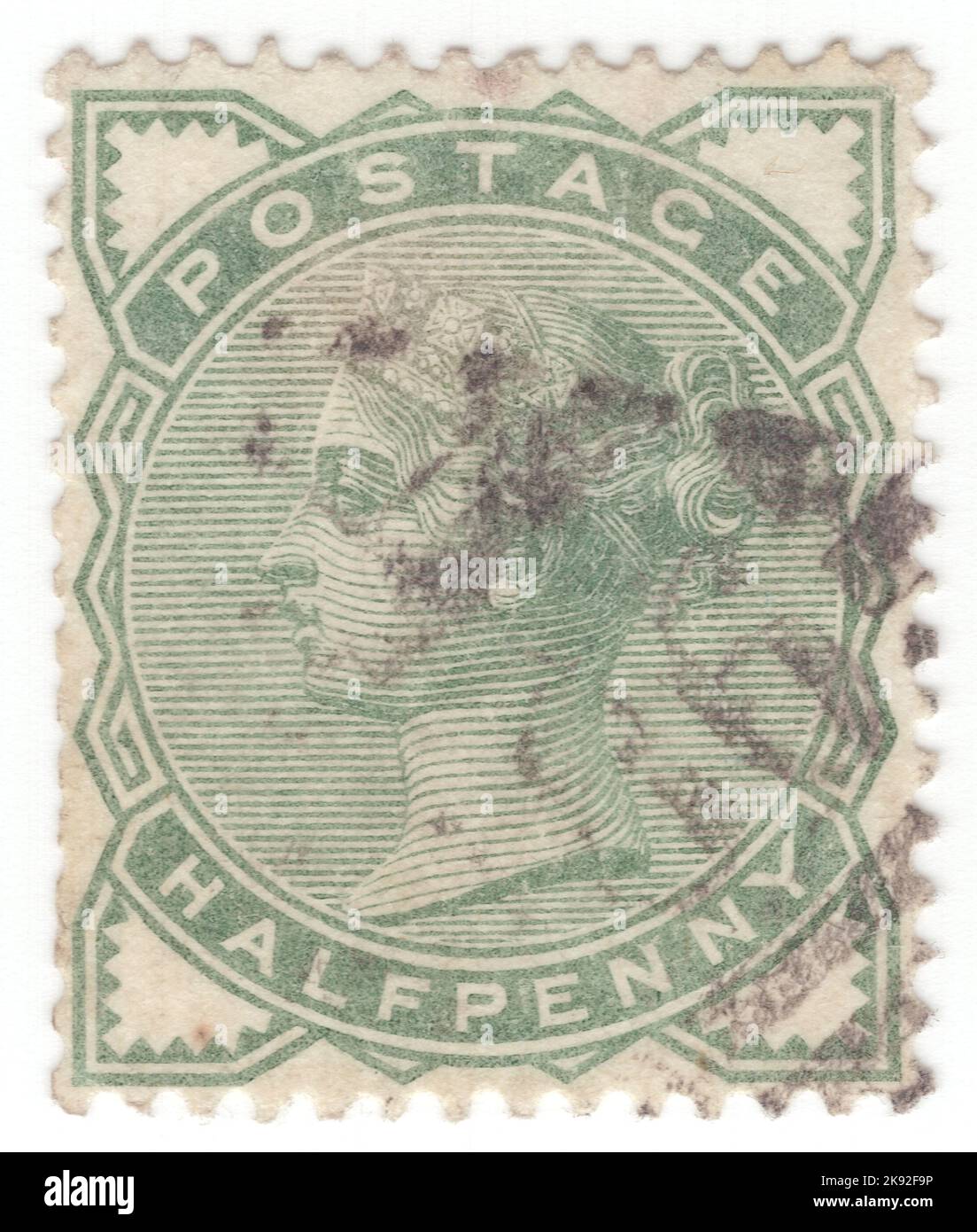 VEREINIGTES KÖNIGREICH - 1880: Eine ½ Pence-Klarinette-Briefmarke, die das Porträt von Königin Victoria zeigt Stockfoto