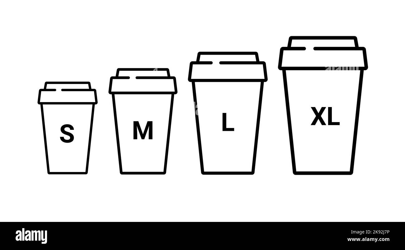 Symbol für die Plastikgröße der Kaffeetasse. Große kleine zum Mitnehmen Kaffeetasse Vektor Linie Symbol Abbildung Größen Konzept. Stock Vektor