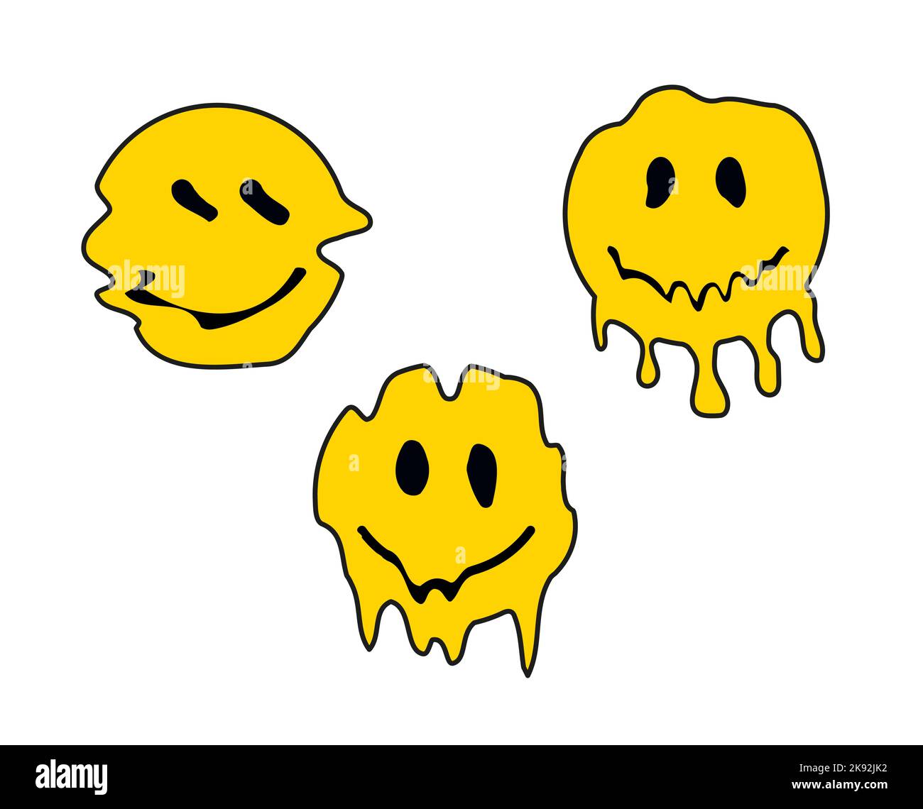 Dripping lächelt Kunst Cartoon glücklich Säure Aufkleber Geist. Slogan Typografie Cartoon Gesicht Drip Art. Stock Vektor