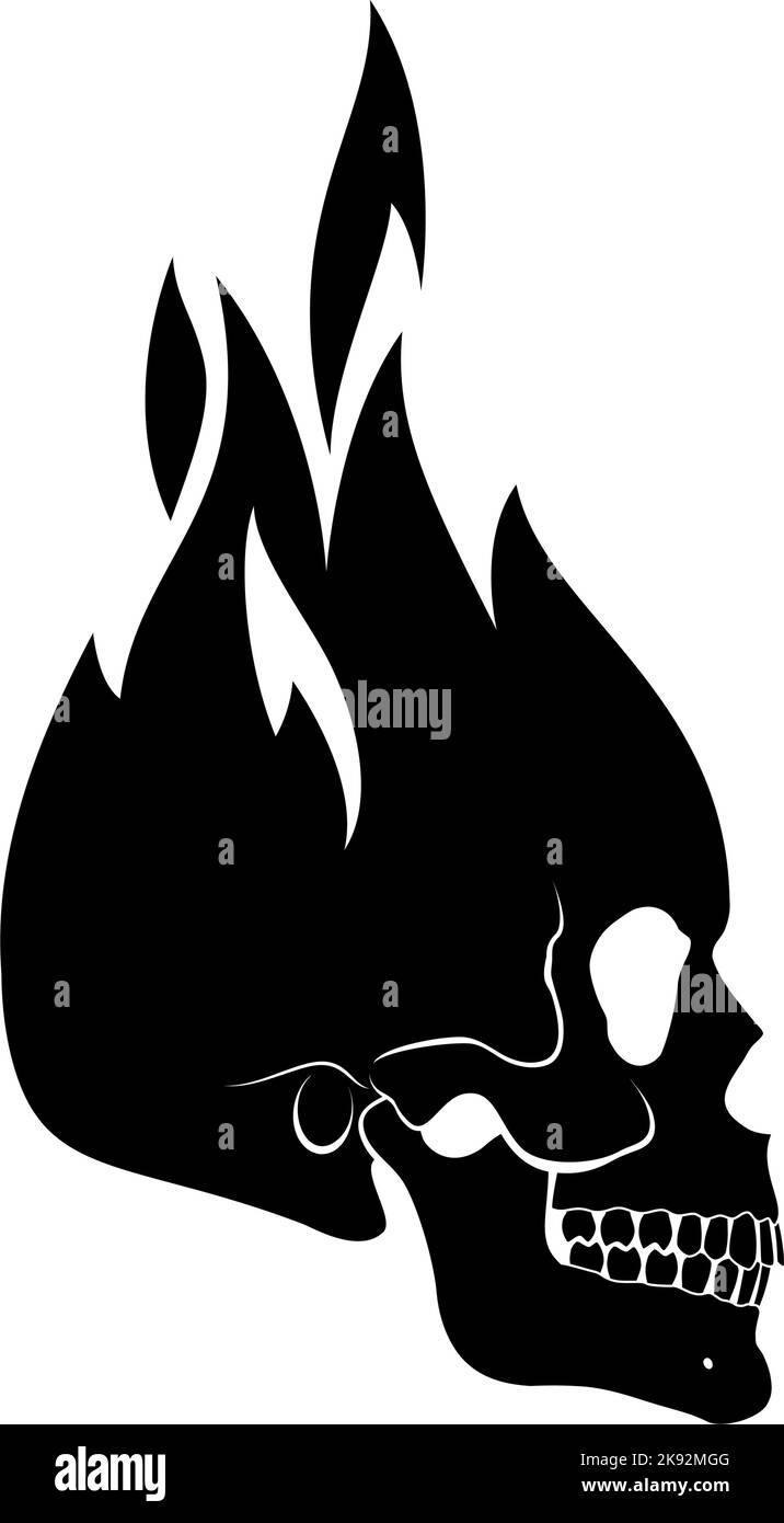 Menschlicher Schädel im Feuer. Dämon, Märchenfigur. Esoterisch. Monochrome Zeichnung isoliert auf Weiß. Sport Team Emblem, Design-Elemente und Labels, Wild Stock Vektor