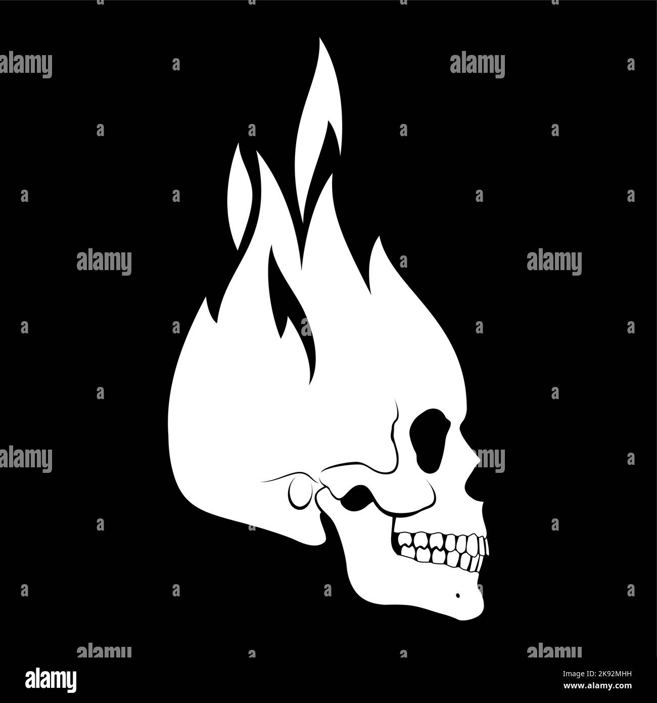 Menschlicher Weißer Brennender Schädel. Dämon, Märchenfigur. Esoterisch. Monochrome Zeichnung isoliert auf Schwarz. Shop und alle damit verbundenen Unternehmen Stock Vektor