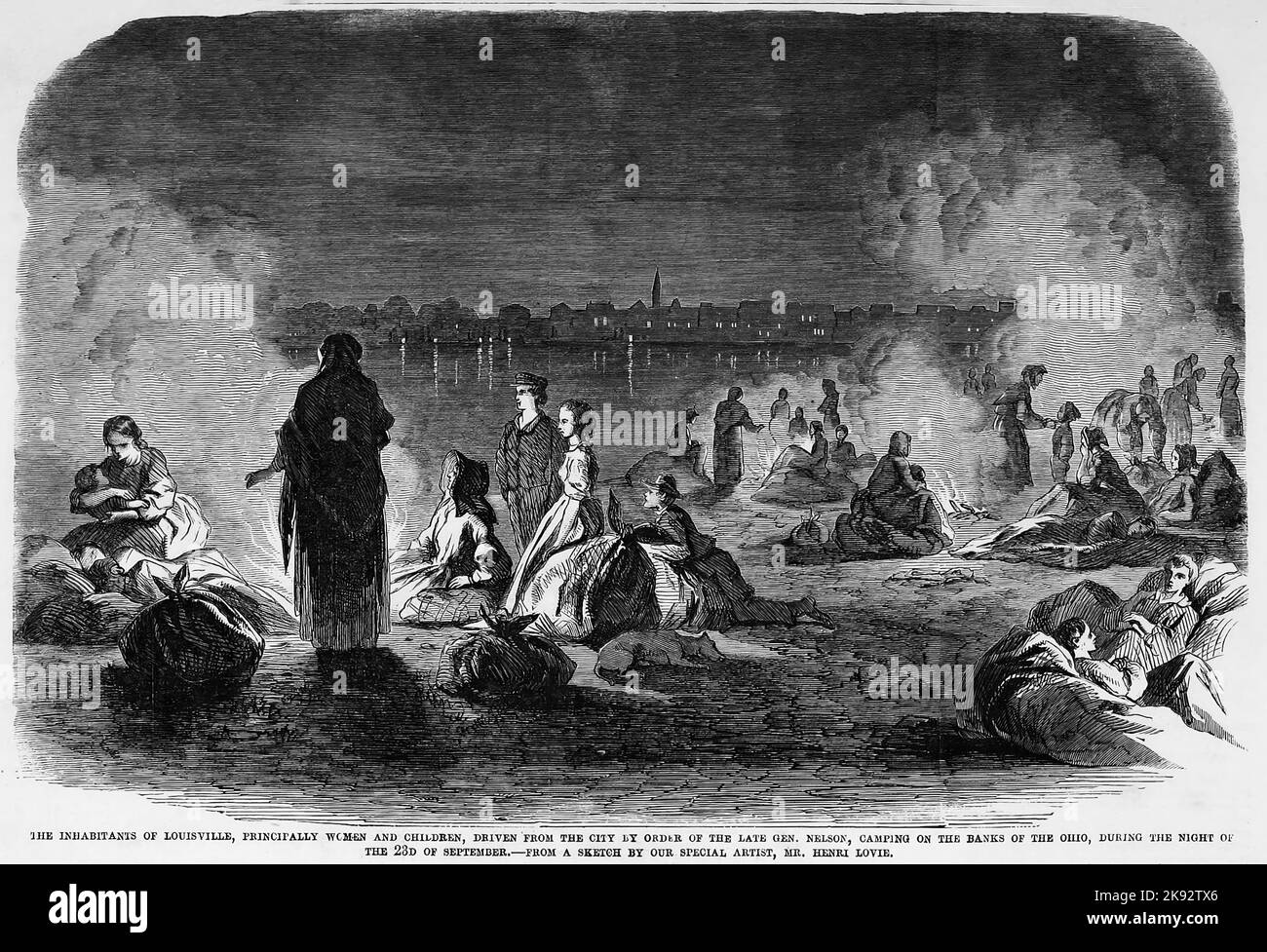 Die Bewohner von Louisville, Kentucky, hauptsächlich Frauen und Kinder, wurden in der Nacht vom 23.. September 1862 auf Anordnung des verstorbenen Generals William Nelson aus der Stadt vertrieben, der am Ufer des Ohio River zeltete. Illustration des amerikanischen Bürgerkriegs des 19.. Jahrhunderts aus Frank Leslie's Illustrated Newspaper Stockfoto