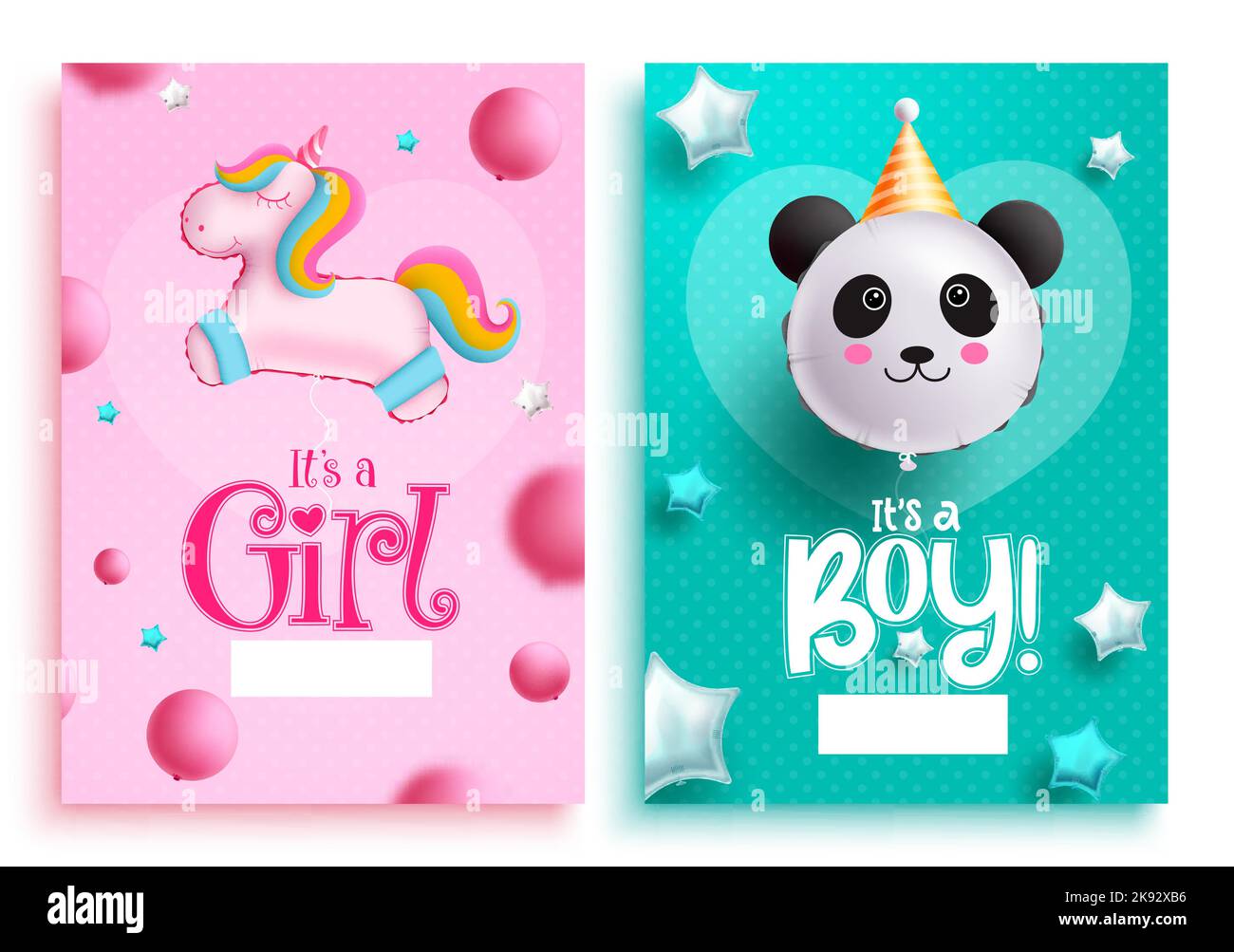 Geburtstagsvektor Poster Set Design. Baby Dusche Geschlecht zeigen Mädchen oder Jungen Dekoration mit Einhorn und Panda Ballons in rosa und grünen Hintergrund. Stock Vektor