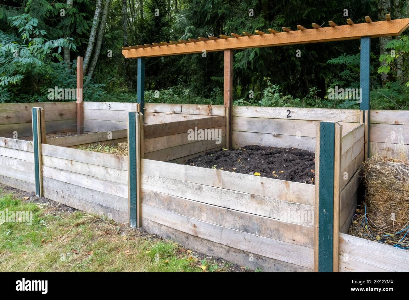 Port Townsend, Washington, USA. Holzkompostbehälter für verschiedene Stadien der Zersetzung, in einem Gemeinschaftsgarten Stockfoto