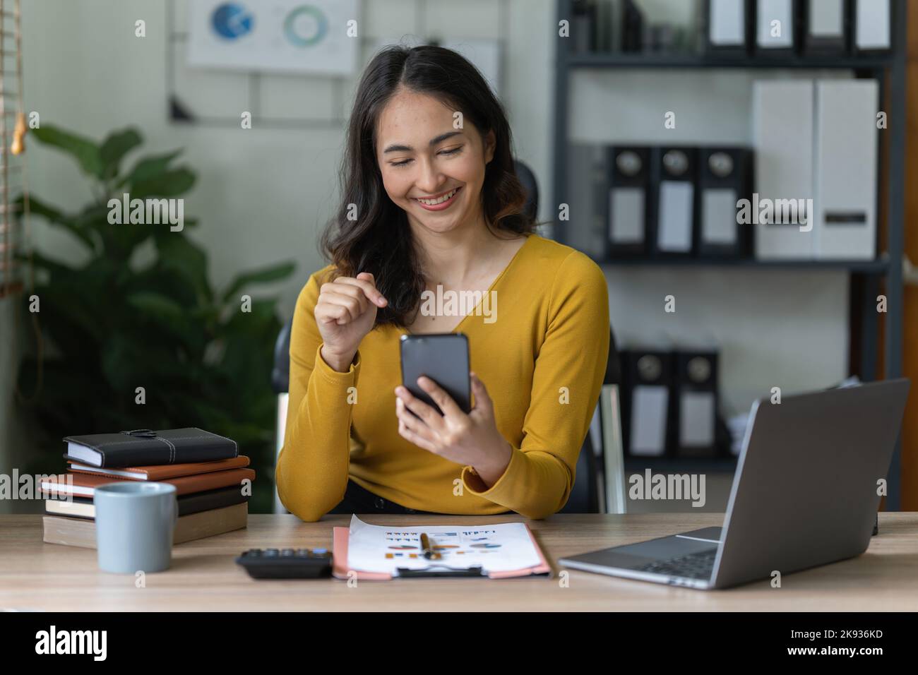 Eine Geschäftsfrau vervollständigt KYC mithilfe eines Online-Banking-Programms, um ein digitales Sparkonto zu eröffnen. Die Definition von Cyber-Sicherheit Stockfoto