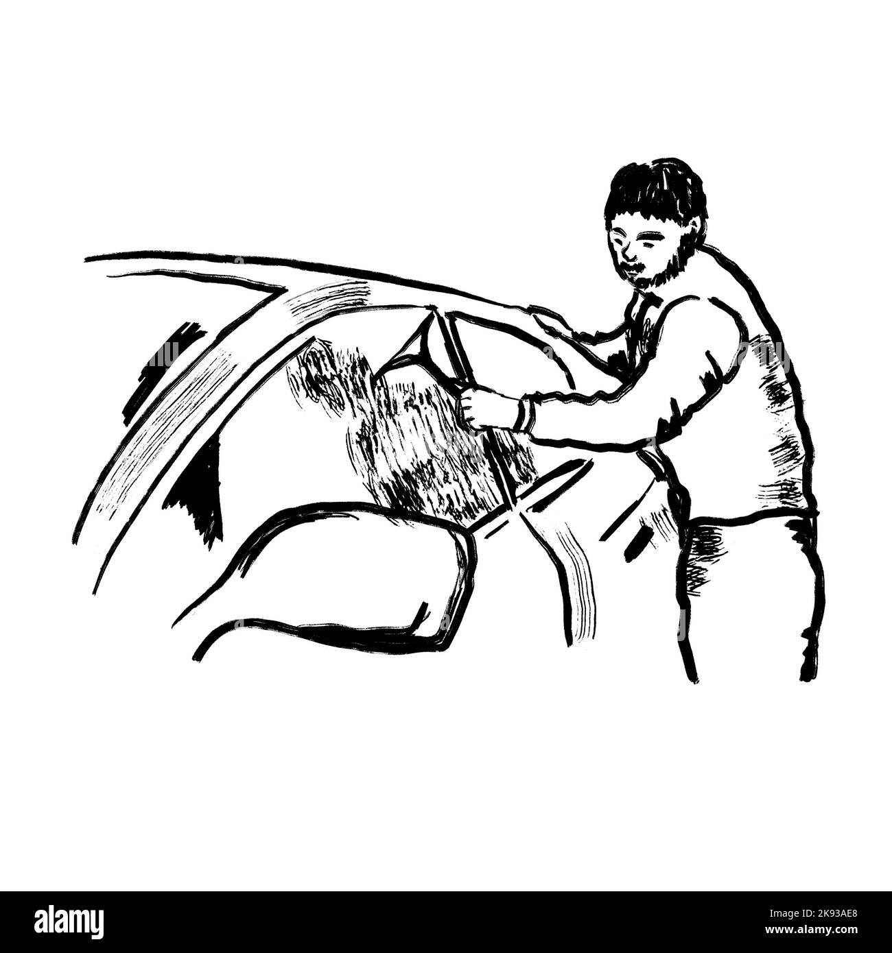 Handgezeichnete Abbildung des Mannes, der Auto-Auto-Reinigung wascht. Kratzservice für das Auto, saubere Fensterwäsche. Skizze mit schwarzer Linienfarbe Stockfoto