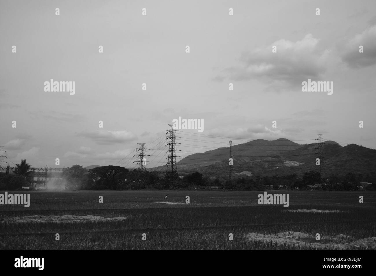 Schwarzweißfoto, Schwarzweißfoto eines Stromversorgungsturms, der landwirtschaftliche Flächen in Cicalengka - Indonesien teilt Stockfoto