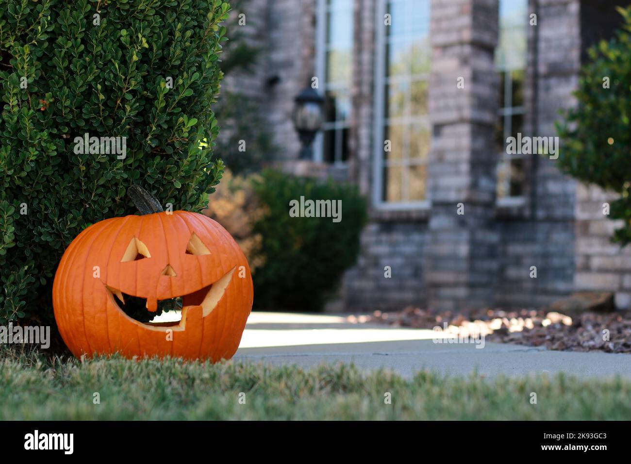 Eingang des Wohnhauses mit großem halloween-Kürbis dekoriert Stockfoto