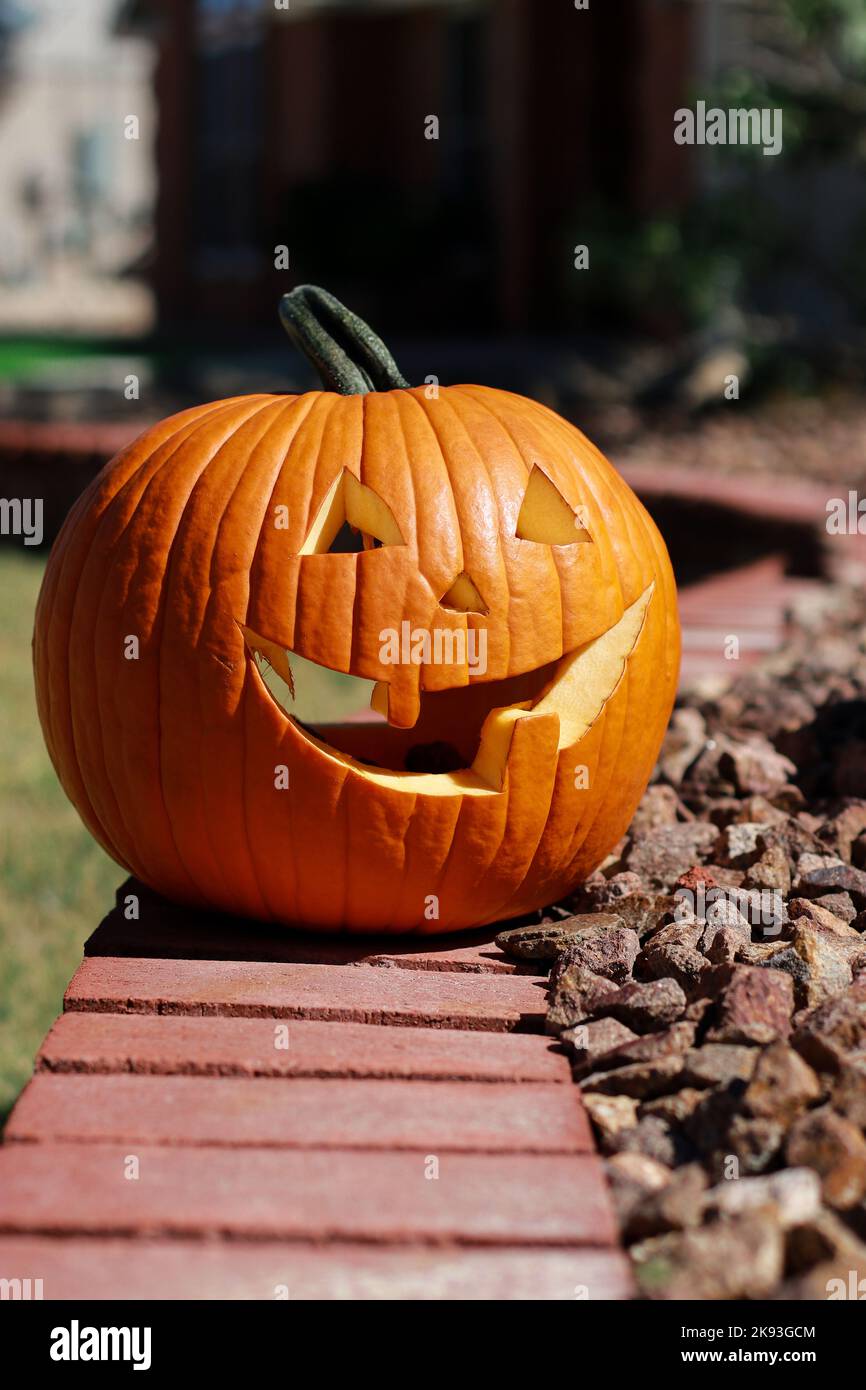 Nahaufnahme eines großen halloween Kürbisses vor dem Wohnhaus Stockfoto