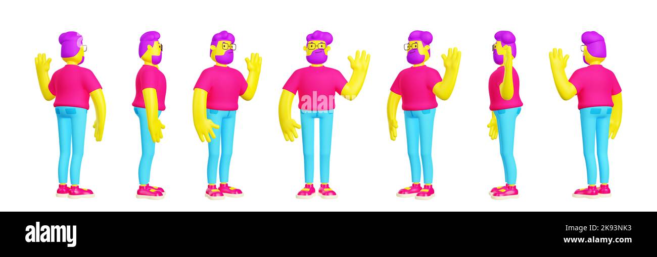 3D Render, männlich Charakter Modell Sprite Blatt Turnaround Animation, junger zeitgenössischer Mann mit lila Haaren tragen Jeans und T-Shirt winkende Hand volle Höhe Seite, Rückseite und Vorderansicht Cartoon Illustration Stockfoto