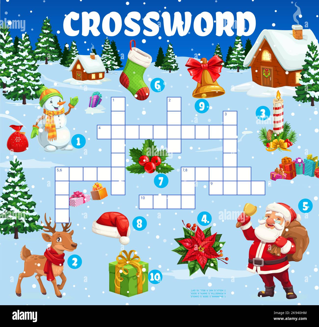 Weihnachten Kreuzworträtsel Quiz Spiel, Cartoon Santa und Feriendorf