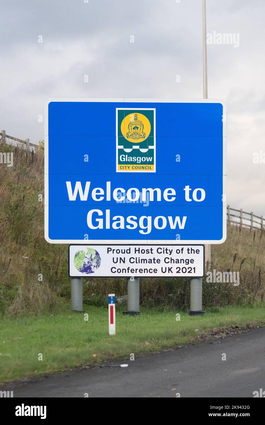 Willkommen in Glasgow, Gastgeberstadt der UN Climate Change Conference UK 2021 Sign, Schottland, Großbritannien Stockfoto