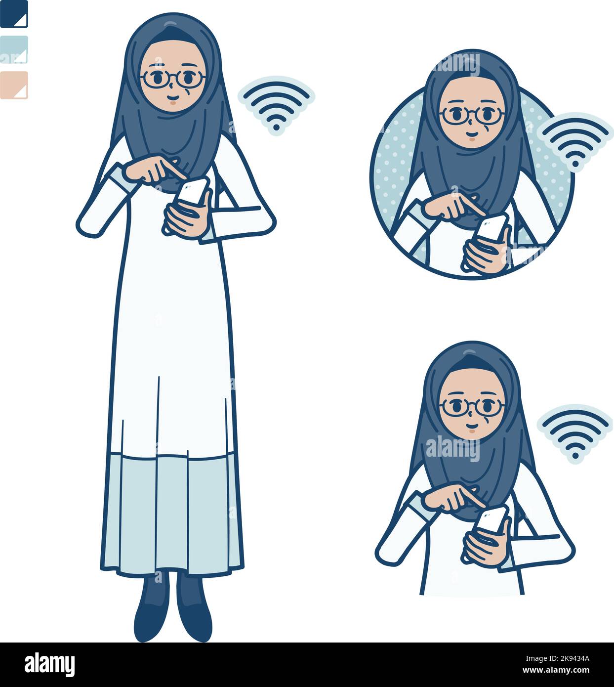 Eine ältere arabische Frau mit Smartphone-Bildern bedienen.Es ist Vektorgrafik, so dass es einfach zu bearbeiten. Stock Vektor